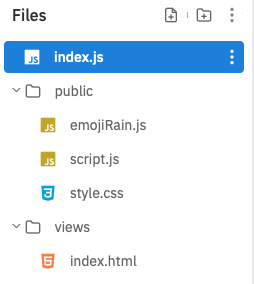 The sidebar contains a folder called views, with an html file, and public, with a css file and a javascript file